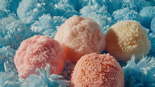 Colorful pastel pom poms and vibrant fuzzy spheres in a soft textured abstract composition