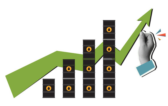 Silhouettes of oil barrels against the background of an upward-pointing arrow. Concept of rising oil prices. Modern photo collage style. Illustration on a transparent background