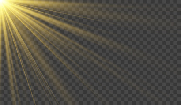 Flare overlay with bright sunrise sunshine and glowing sunlight on transparent png background featuring magical heat rays white glare and vibrant spring sky for weather design optical effect.