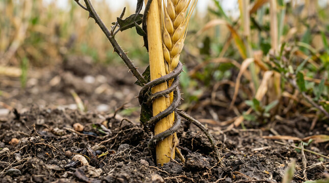 The Parable of the Wheat and the Tares. Servants discovering poisonous weeds growing identical to, and intertwined with, the golden wheat
