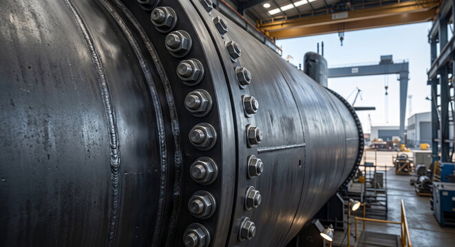 Large metal cylinder industrial vessel heavy steel bolted connection workshop.