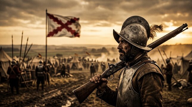 A soldier from the Spanish Tercios carrying a spear and  the Burgundian cross