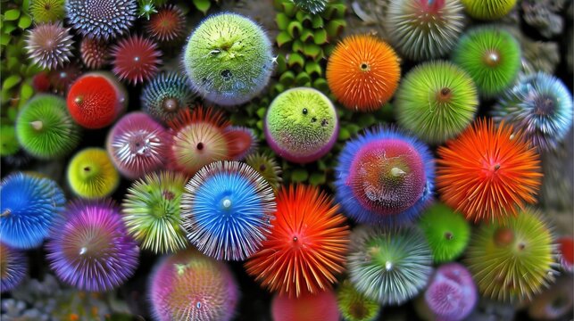 Colorful pastel pom poms and vibrant fuzzy spheres in an abstract soft texture composition