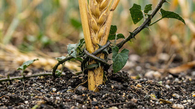 The Parable of the Wheat and the Tares. Servants discovering poisonous weeds growing identical to, and intertwined with, the golden wheat