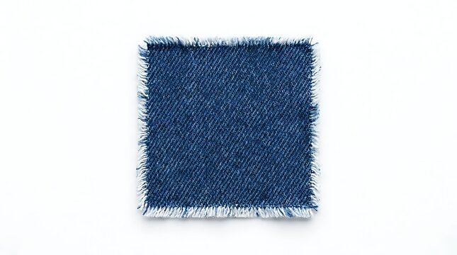 Square Denim Patch with Fringed Edges on White Background