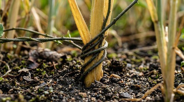 The Parable of the Wheat and the Tares. Servants discovering poisonous weeds growing identical to, and intertwined with, the golden wheat