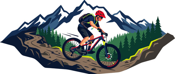 Mountain biker on trail with snowy peaks background © selang