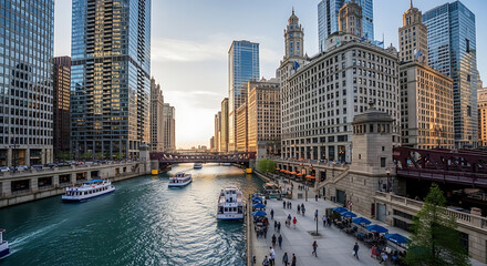 Obraz premium Chicago river scene with boats and skyscrapers in a bustling urban environment daytime cityscape architecture