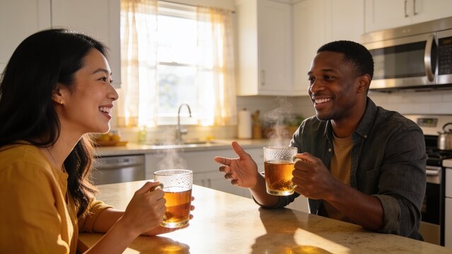 Smiling multicultural couple sharing morning tea in a cozy contemporary kitchen.