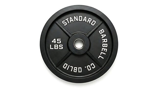 Black 45 lbs barbell weight plate isolated on white background for fitness and strength training
