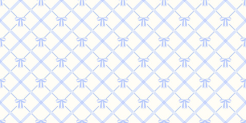 Obraz premium Coquette seamless pattern blue bow with ribbons on pastel backdrop. Checkered wrapping paper background for birthday or holiday. Cute repeat wallpaper texture. Vector illustration