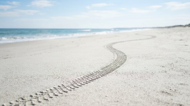Turtle tracks on a sandy beach leading to the ocean.