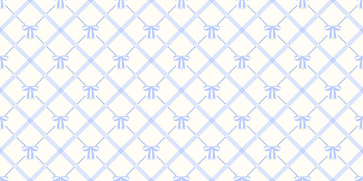 Coquette seamless pattern blue bow with ribbons on pastel backdrop. Checkered wrapping paper background for birthday or holiday. Cute repeat wallpaper texture. Vector illustration