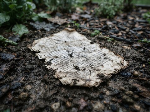 Torn weathered paper with text on forest floor.