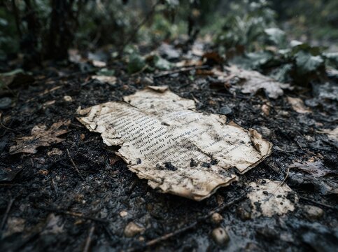 Torn and weathered paper with text lying on forest floor.