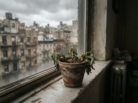 Wilted Plant on a Dusty Window Ledge Overlooking City Buildings.