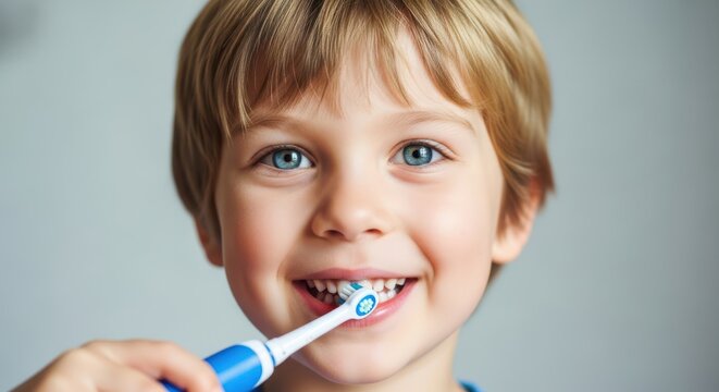 Happy little boy with blue eyes smiling while brushing his teeth with an electric toothbrush for good oral hygiene in a morning routine