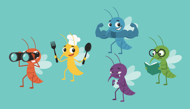 Five funny cartoon mosquito characters representing different professions and unique personality traits.