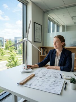 Woman engineer working at desk with wind turbine model and blueprints.