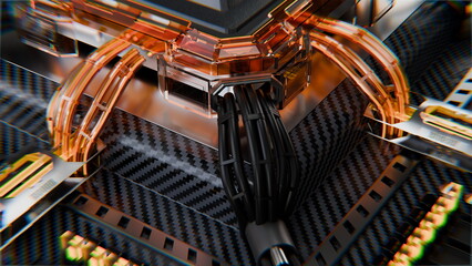 Fototapeta premium Wires connect several electronic components in device. setting shows detailed arrangement of circuit parts. focus is on technology and design used in electronics. 3d render