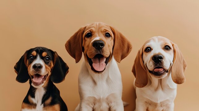 Collage of six dog portraits on neutral beige background for veterinary or commercial avatars