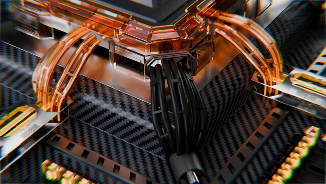 Wires connect several electronic components in device. setting shows detailed arrangement of circuit parts. focus is on technology and design used in electronics. 3d render