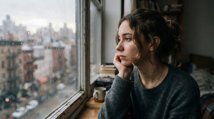 Fototapeta premium Young woman looking out a window on a cloudy day.