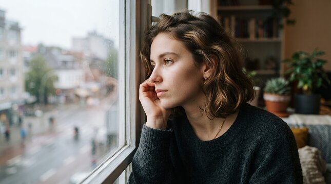 Young woman looking out a window on a rainy day feeling thoughtful.