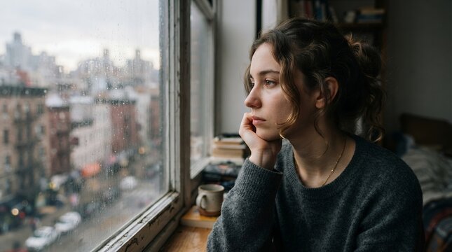 Young woman looking out a window on a cloudy day.