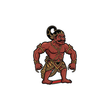 Traditional Balinese Wayang Bima Shadow Puppet With Muscular Build, Golden Ornaments, And Dramatic Pose, Detailed Warrior Illustration, Vector Illustration