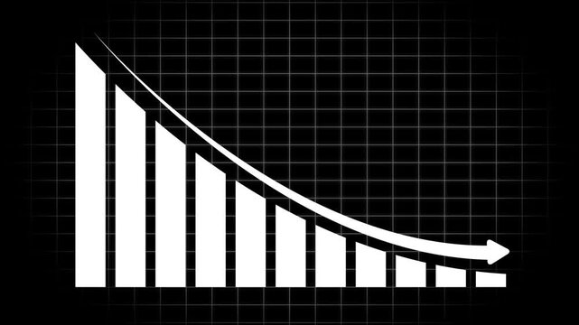 White bar chart showing a downward trend with a declining arrow on a dark grid background representing financial loss or negative performance metrics