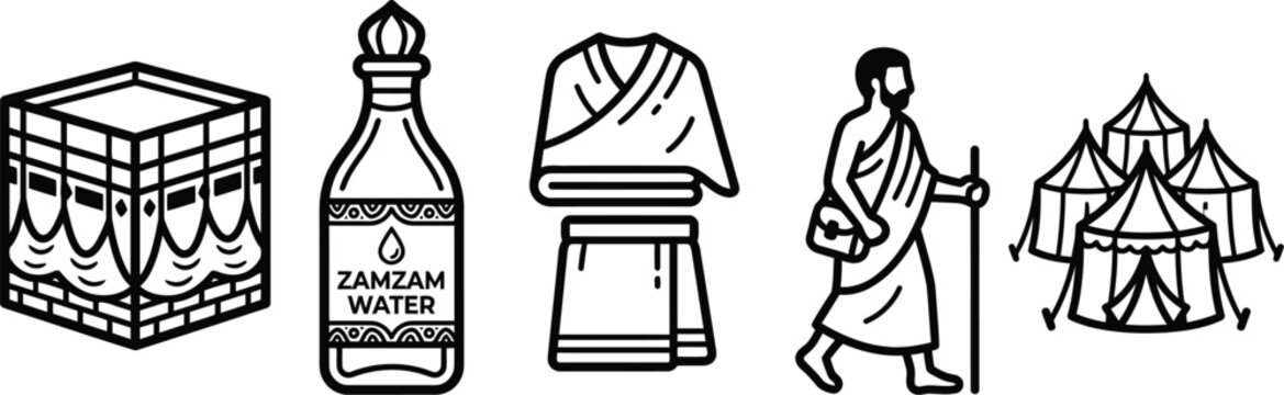 Essential Islamic Pilgrimage Icons Set For Religious Rituals Vecto