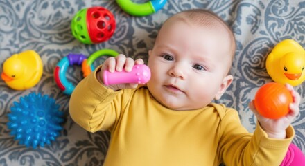 Fototapeta premium Cute baby boy lying on a patterned rug playing with colorful plastic rattles and rubber duck toys in a bright and cozy home living room setting