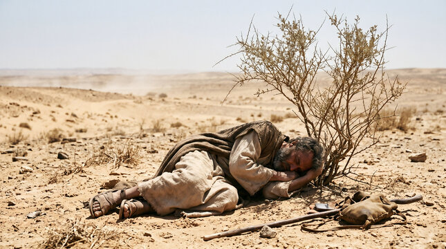 The prophet Elijah, fleeing for his life from Jezebel, collapsing in utter despair and exhaustion under a desert broom tree