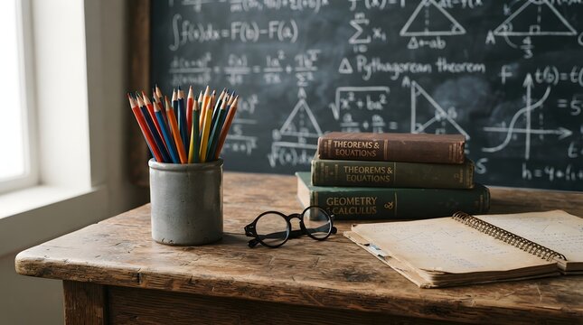 A rustic wooden desk featuring a stack of vintage books and a pencil holder with colored pencils in front of a chalkboard for teachers day