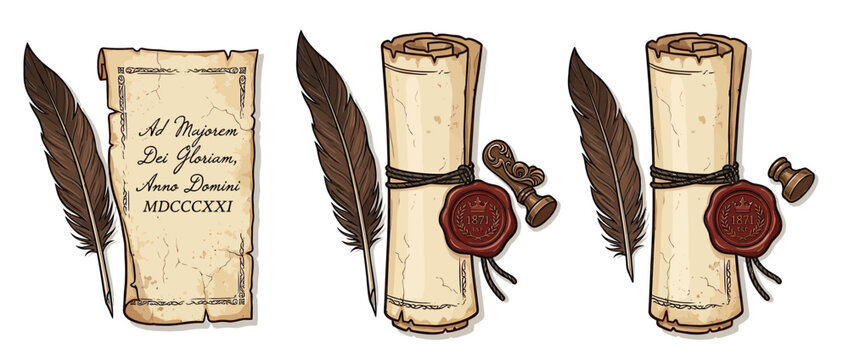 Vintage Scrolls, Feathers, and Wax Seals on White Background