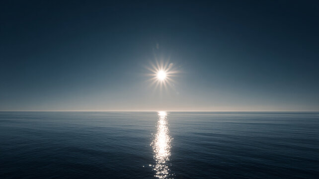 sun flare at ocean horizon, smooth gradient sky, calm minimal composition