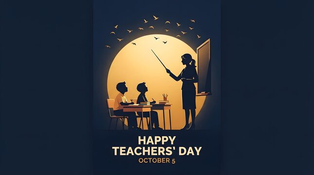 A creative illustration celebrating teachers day featuring a silhouette of a teacher instructing students in a classroom against a bright glowing circular moon background design