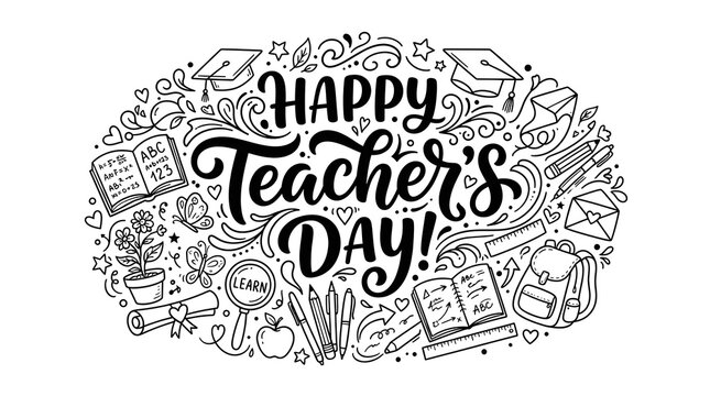 A beautiful hand drawn doodle illustration with decorative lettering for teachers day celebration featuring school supplies and educational icons on a clean white background design