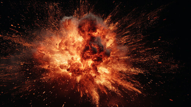 sudden burst of fire explosion filling the frame, sparks flying outward, dark background
