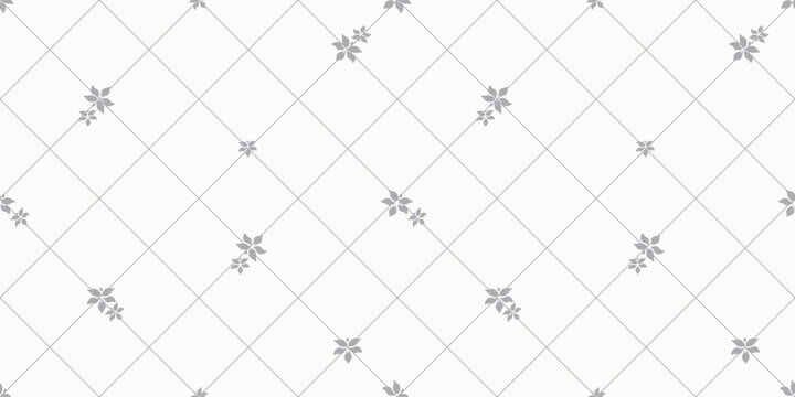 Minimalist Soft Grey Diamond Grid Lattice Seamless Pattern with Delicate Leaf Motifs Vintage Botanical Vector Background Design
