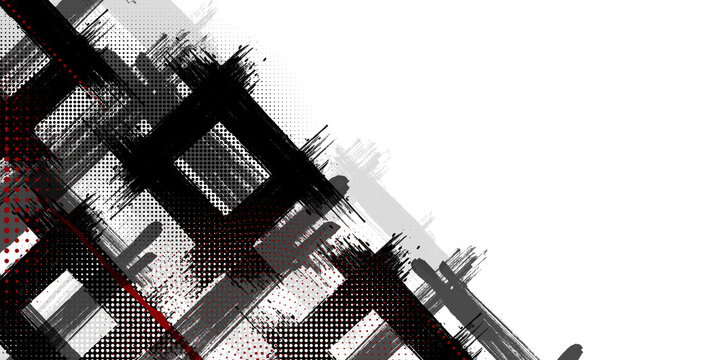 Abstract black ink brush strokes and square splatters 