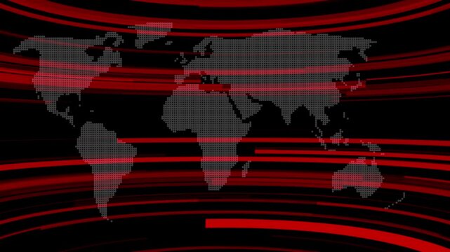 Red digital map background with curved horizontal lines and dark empty space for text placement in a broadcast news style layout