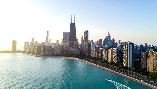 Aerial view of a city skyline at sunset, with tall buildings against the fading sun along a blue lake and a boat