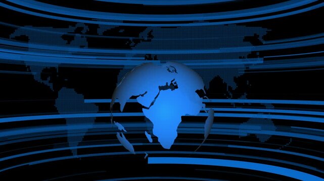 Blue digital map background with a central globe and curved horizontal lines for broadcast news presentation and media interface