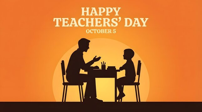 A silhouette illustration featuring a teacher and a student sitting at a desk during a sunset background to celebrate the annual global teachers day event