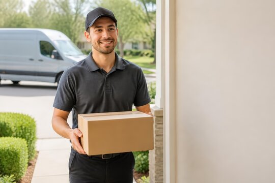 Smiling delivery courier holding cardboard box at doorstep
