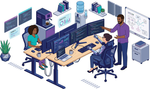 Isometric Software Engineering Workspace with Programmers and Cyborg Working on Computer Coding Data Analysis and Whiteboard System Workflow Design