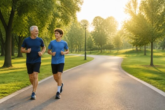 Father and son jogging together on park path
