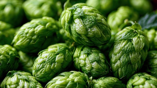 Close-up macro of fresh hop cones, the texture and color vivid, warm light, documentary brewing ingredient photography